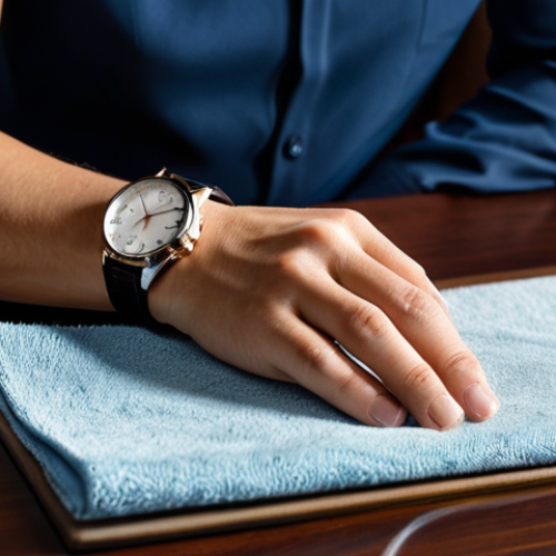 Home 14 A professional individual, fully clothed in a modest, smart casual outfit, meticulously cleaning a classic luxury wristwatch with a soft microfiber cloth. The watch rests on a padded surface on a polished wooden desk in a sophisticated home office, bathed in soft, warm lighting. The scene emphasizes careful preservation and attention to detail. Perfect anatomy, correct proportions, natural pose, well-formed hands, proper finger count, natural body proportions, professional photography, high quality, safe for work, appropriate content, fully clothed, professional dress.