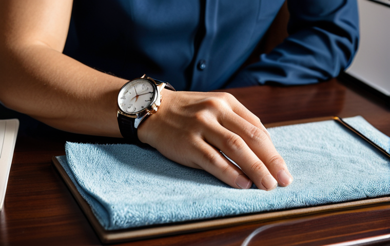 A professional individual, fully clothed in a modest, smart casual outfit, meticulously cleaning a classic luxury wristwatch with a soft microfiber cloth. The watch rests on a padded surface on a polished wooden desk in a sophisticated home office, bathed in soft, warm lighting. The scene emphasizes careful preservation and attention to detail. Perfect anatomy, correct proportions, natural pose, well-formed hands, proper finger count, natural body proportions, professional photography, high quality, safe for work, appropriate content, fully clothed, professional dress.