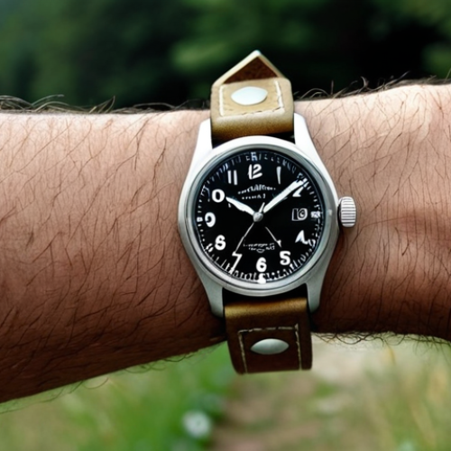 Home 13 **
"A close-up shot of a Hamilton Khaki Field watch with a leather strap on a wrist. The watch face is clearly visible, showcasing its classic design and legible numerals. The background is a blurred outdoor scene, perhaps a hiking trail or a park. Focus on the watch's detail and craftsmanship. Fully clothed, appropriate content, safe for work, perfect anatomy (of the wrist), natural proportions, professional, modest."
**