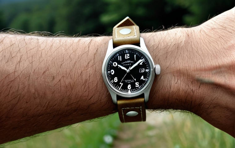 **
"A close-up shot of a Hamilton Khaki Field watch with a leather strap on a wrist. The watch face is clearly visible, showcasing its classic design and legible numerals. The background is a blurred outdoor scene, perhaps a hiking trail or a park. Focus on the watch's detail and craftsmanship. Fully clothed, appropriate content, safe for work, perfect anatomy (of the wrist), natural proportions, professional, modest."
**