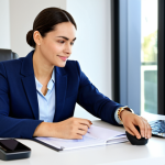 블루투스 스마트워치 추천 - Professional Businesswoman in Modern Office**

A professional businesswoman in a modest business sui...