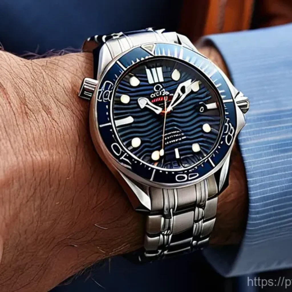 오메가 씨마스터 007 에디션 리뷰 - **Prompt:** "A sophisticated close-up shot of the Omega Seamaster 007 Edition watch on a well-dresse...