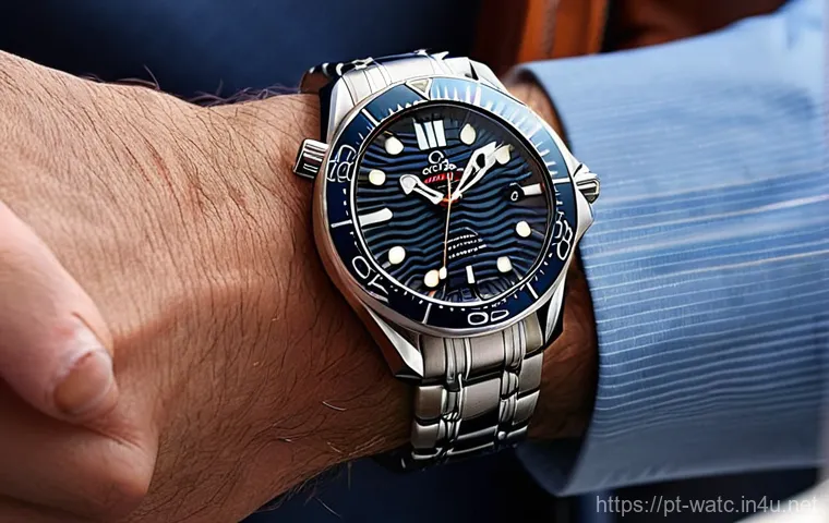오메가 씨마스터 007 에디션 리뷰 - **Prompt:** "A sophisticated close-up shot of the Omega Seamaster 007 Edition watch on a well-dresse...
