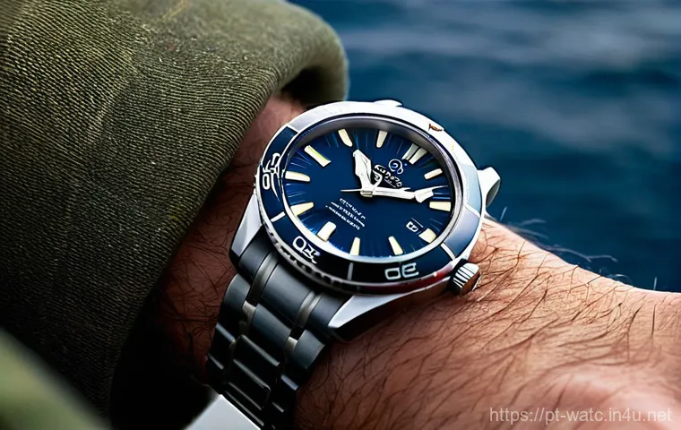 오메가 씨마스터 007 에디션 리뷰 - **Prompt:** "A sophisticated close-up shot of the Omega Seamaster 007 Edition watch on a well-dresse...