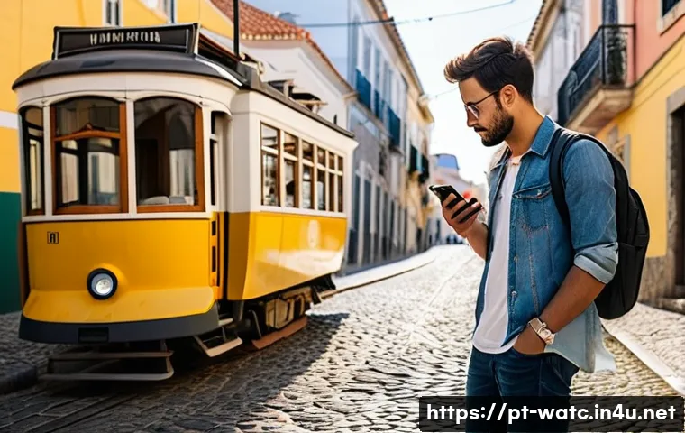 스마트워치 배터리 수명 비교 - **Prompt:** A Portuguese tourist, aged 30-40, is standing on a charming, cobblestone street in Lisbo...