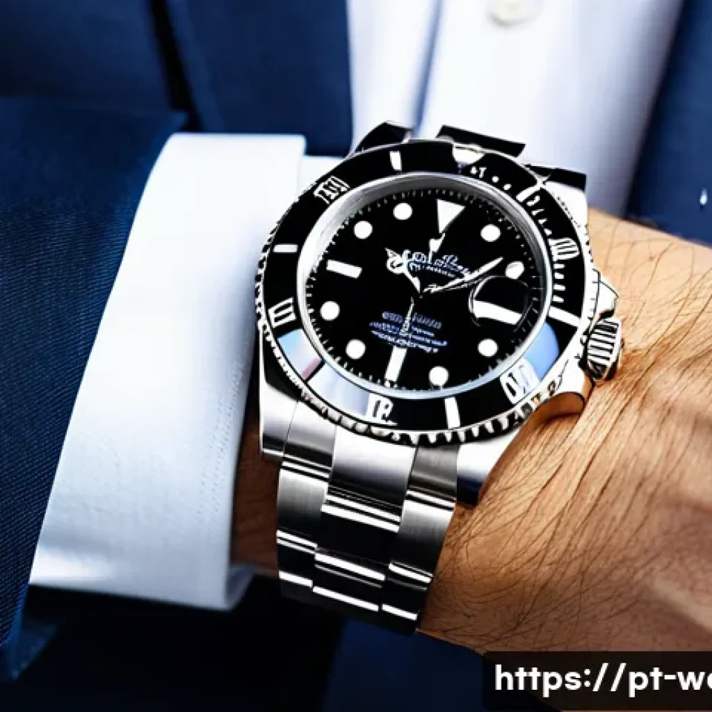 럭셔리 시계 입문 추천 모델 - A close-up shot of a luxury Rolex Submariner watch on a male wrist, featuring a robust stainless ste...