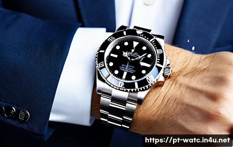 럭셔리 시계 입문 추천 모델 - A close-up shot of a luxury Rolex Submariner watch on a male wrist, featuring a robust stainless ste...