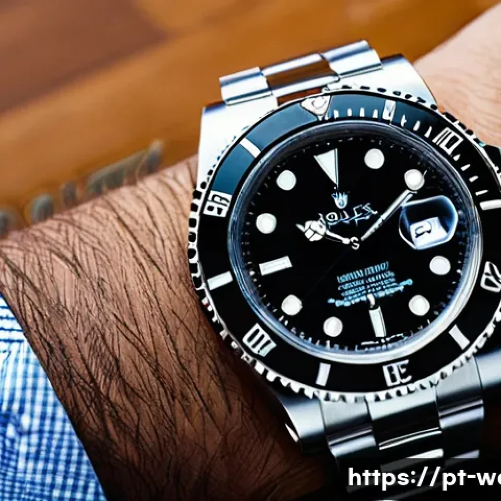 롤렉스 서브마리너 구매 가이드 - A close-up, high-resolution image of a Rolex Submariner Date 116610LN wristwatch on a Brazilian busi...
