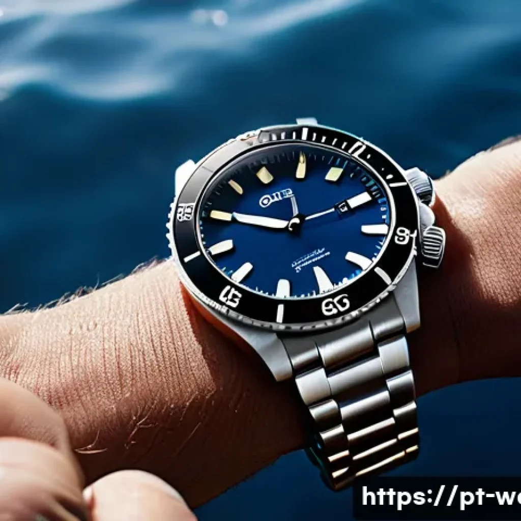 오리스 다이버즈와 해밀턴 카키 비교 - A close-up shot of a wrist wearing an Oris Divers watch, featuring a classic, robust stainless steel...