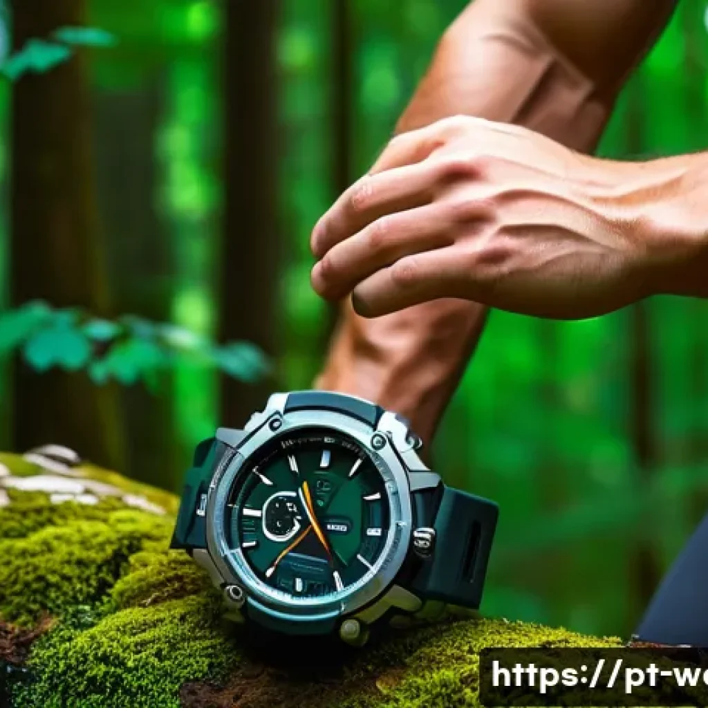 태양열 충전식 스포츠 시계 - A rugged sports watch designed for intense outdoor activities, featuring a durable titanium and stai...