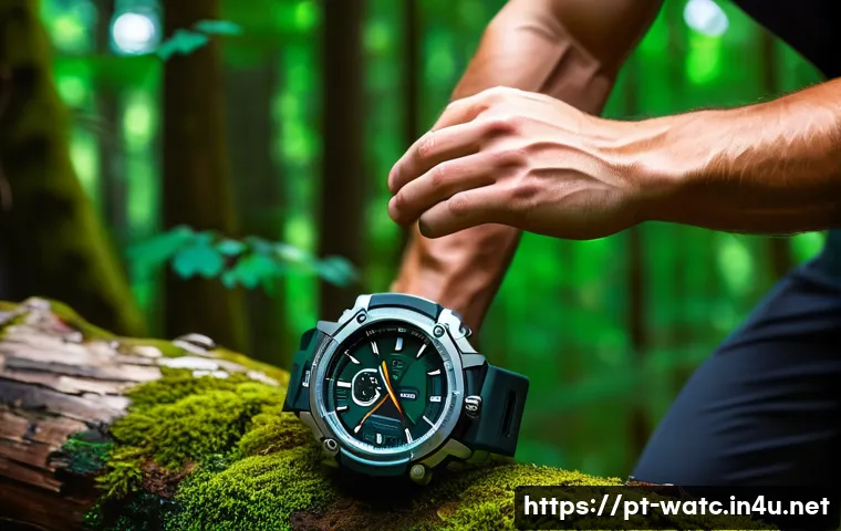 태양열 충전식 스포츠 시계 - A rugged sports watch designed for intense outdoor activities, featuring a durable titanium and stai...