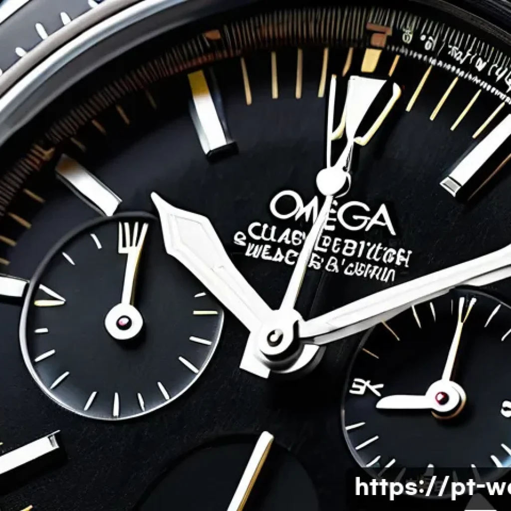 오메가 문워치와 스피드마스터 차이 - A highly detailed close-up of the Omega Speedmaster Moonwatch, showcasing its classic 1960s design w...