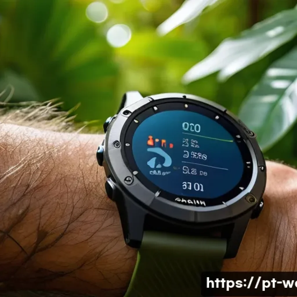 태양열 충전 스마트워치 추천 - A detailed close-up of a rugged Garmin Fenix 7 Solar smartwatch worn on the wrist of an outdoor adve...