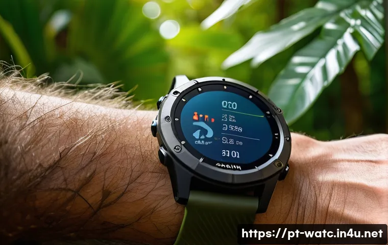 태양열 충전 스마트워치 추천 - A detailed close-up of a rugged Garmin Fenix 7 Solar smartwatch worn on the wrist of an outdoor adve...