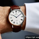 Home 22 디지털 시계와 아날로그 시계 장단점 - A sophisticated wrist shot of a classic analog watch with a polished stainless steel case and a rich...