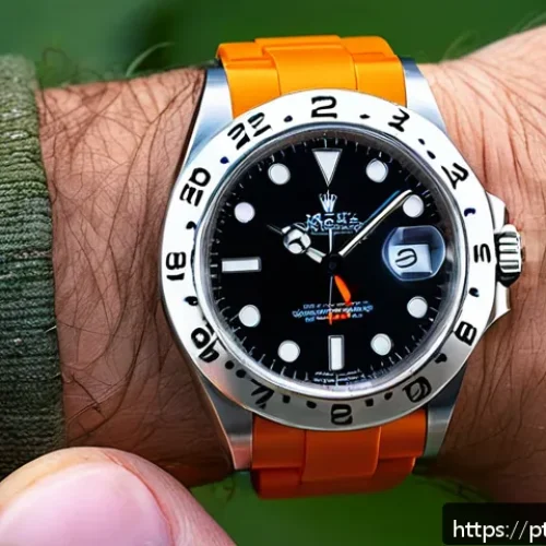 Home 33 롤렉스 엑스플로러 II 리뷰 - A close-up, high-resolution image of a Rolex Explorer II watch on a wrist during an outdoor mountain...