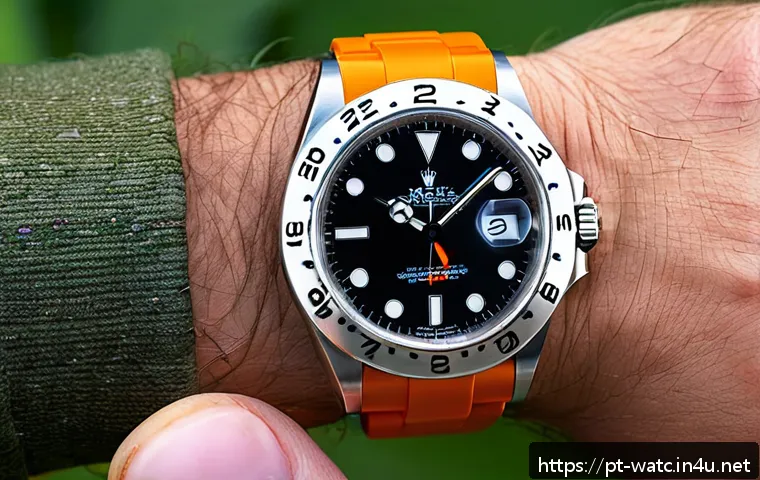 롤렉스 엑스플로러 II 리뷰 - A close-up, high-resolution image of a Rolex Explorer II watch on a wrist during an outdoor mountain...