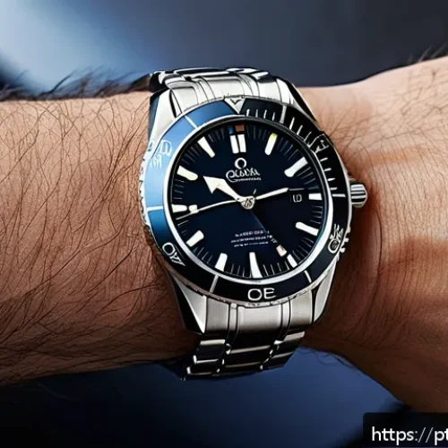 Home 32 오메가 씨마스터 300 프로페셔널 리뷰 - A detailed close-up of an Omega Seamaster 300 Professional wristwatch on a male wrist wearing a poli...