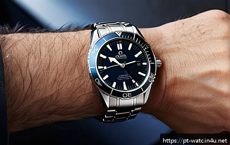 오메가 씨마스터 300 프로페셔널 리뷰 - A detailed close-up of an Omega Seamaster 300 Professional wristwatch on a male wrist wearing a poli...