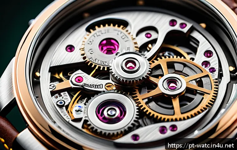 오토매틱 시계 작동 원리 - A highly detailed close-up of a luxury automatic wristwatch’s open case back, showcasing the intrica...