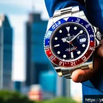 Home 18 롤렉스 GMT 마스터의 기능 - A close-up, high-resolution image of a Rolex GMT Master watch on a polished wrist of a business prof...
