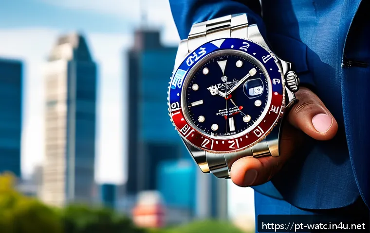 롤렉스 GMT 마스터의 기능 - A close-up, high-resolution image of a Rolex GMT Master watch on a polished wrist of a business prof...