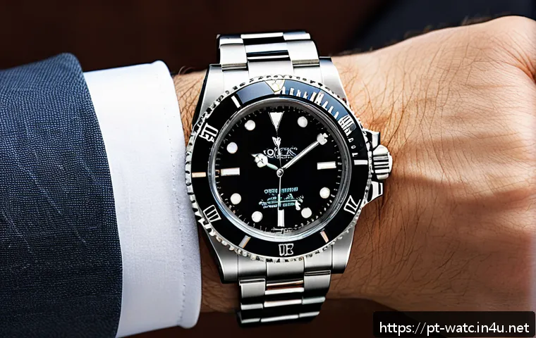 롤렉스 서브마리너 41mm vs 40mm - A sophisticated close-up of a wrist wearing a Rolex Submariner 40mm watch, showcasing its classic an...
