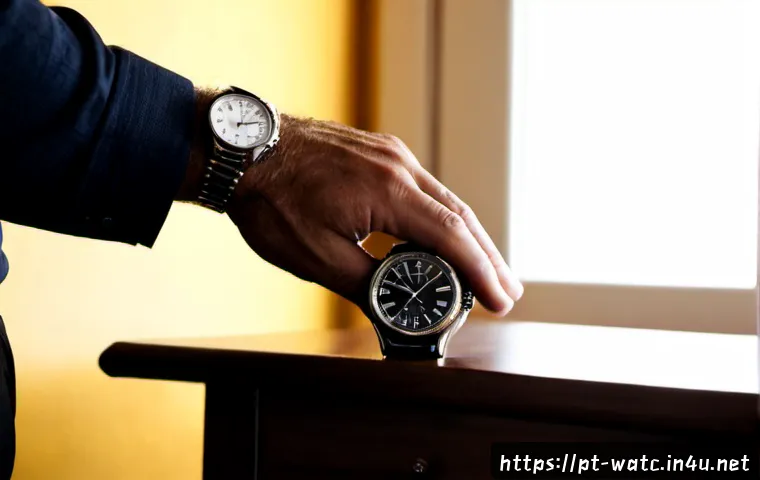Home 17 자동 시계의 와인딩 방법 - Photorealistic close-up of a stainless steel automatic wristwatch resting on a dark walnut desk, a m...